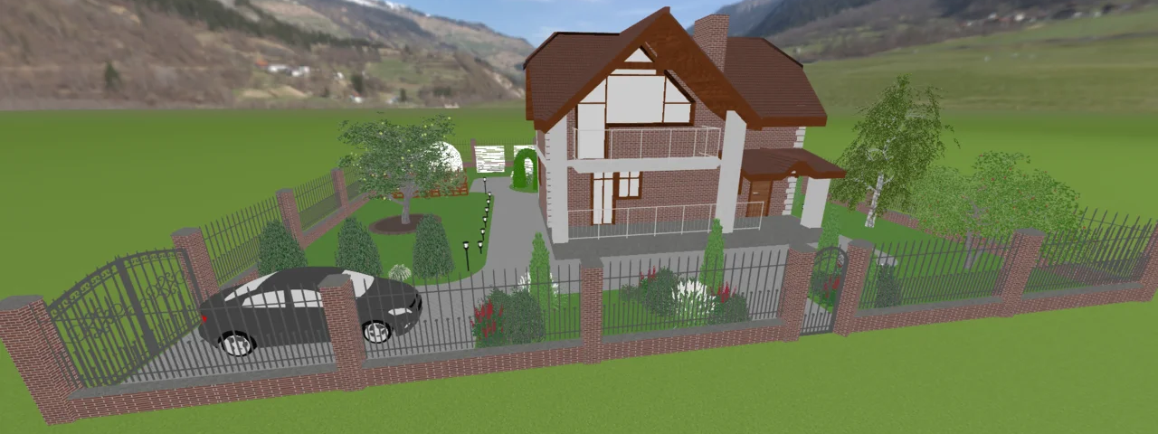 Двухэтажный дом из кирпича с огородом